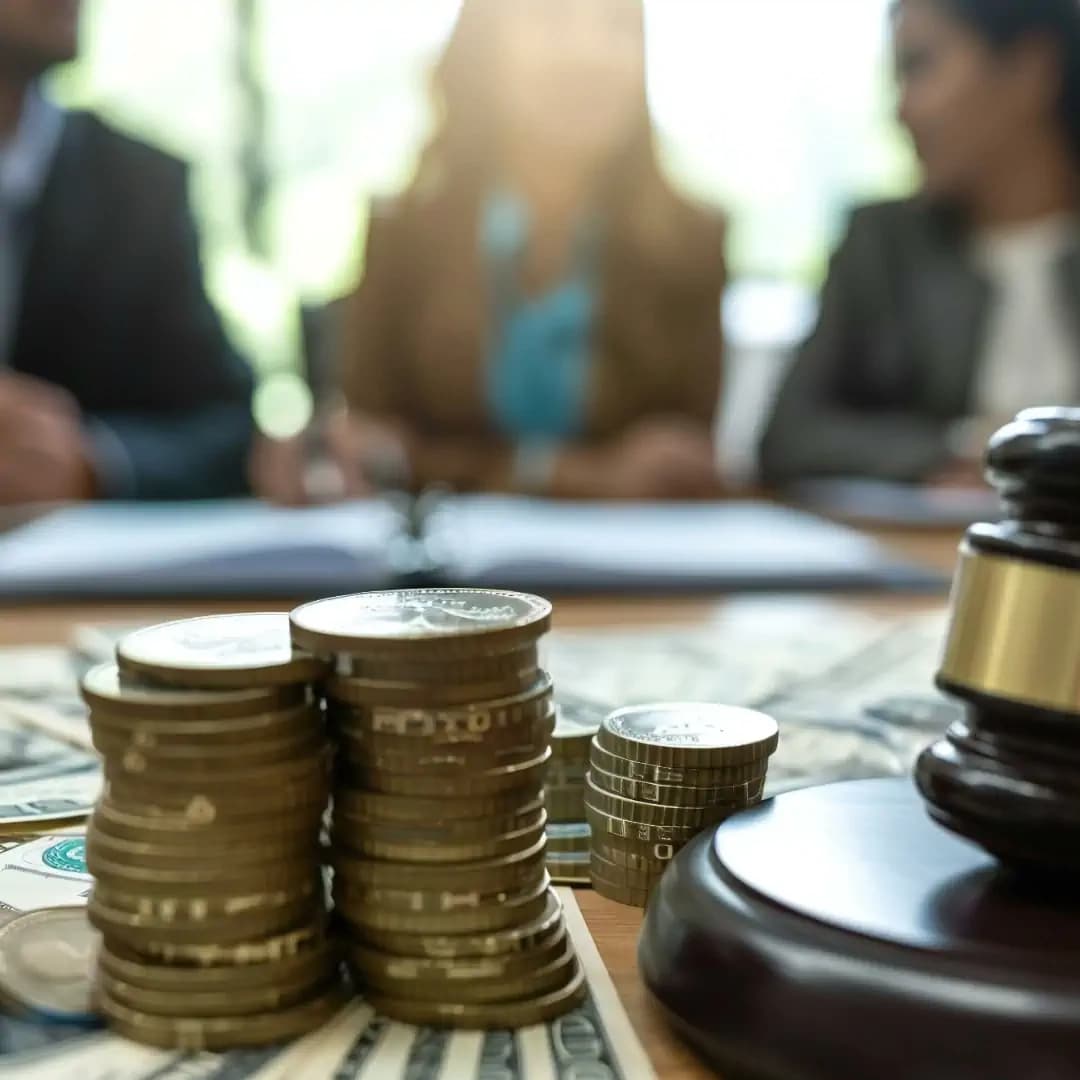 Coins and a judge gavel for debt recovery